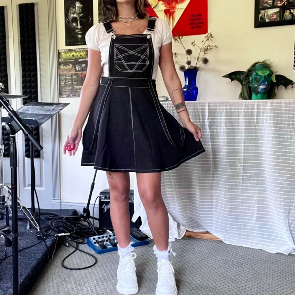 3/$22🩶 Tripp Royal Bones Overall Schoolgirl Dress Goth Pentagram XS NO STRAPS